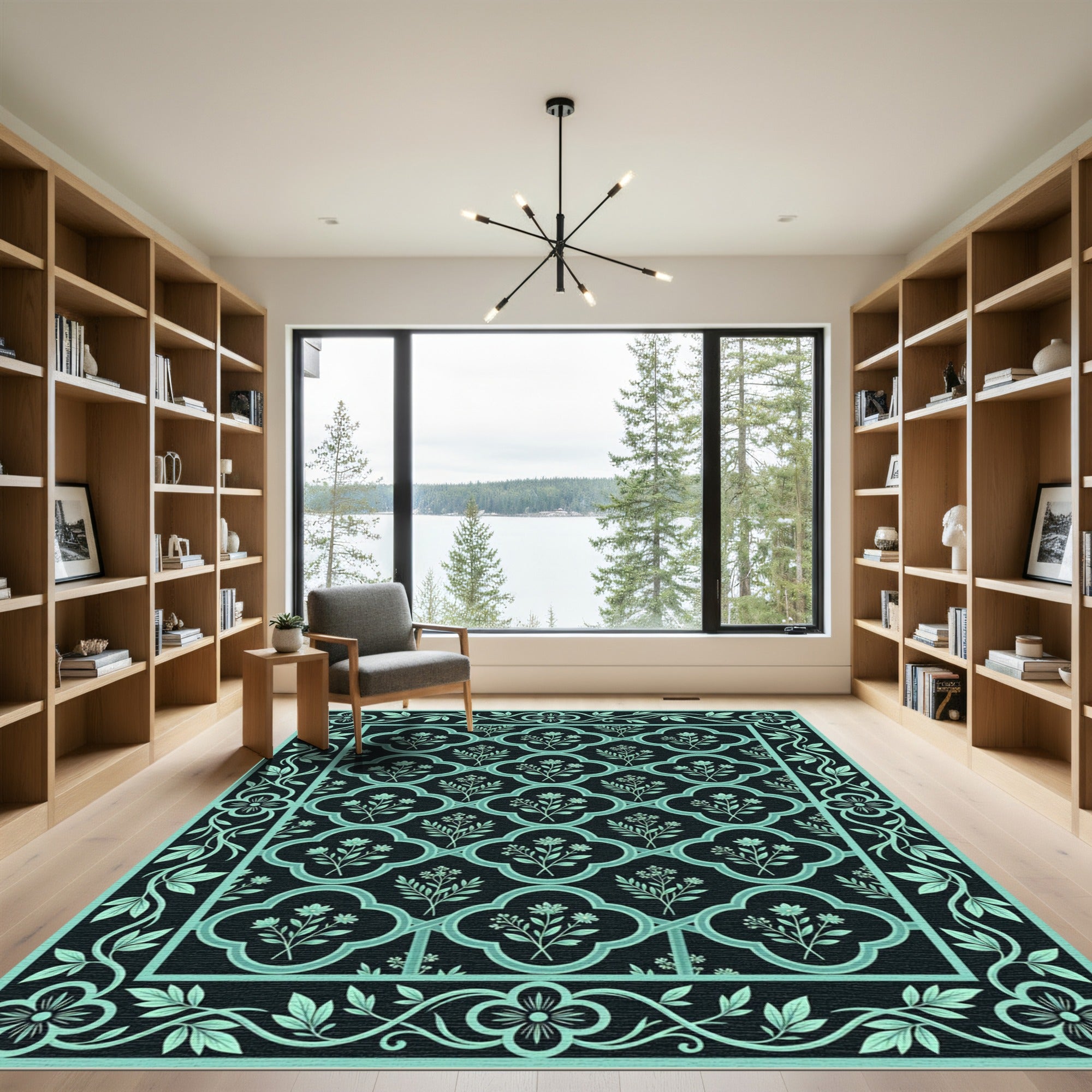 Dark Teal Floral Lattice Border Rug
