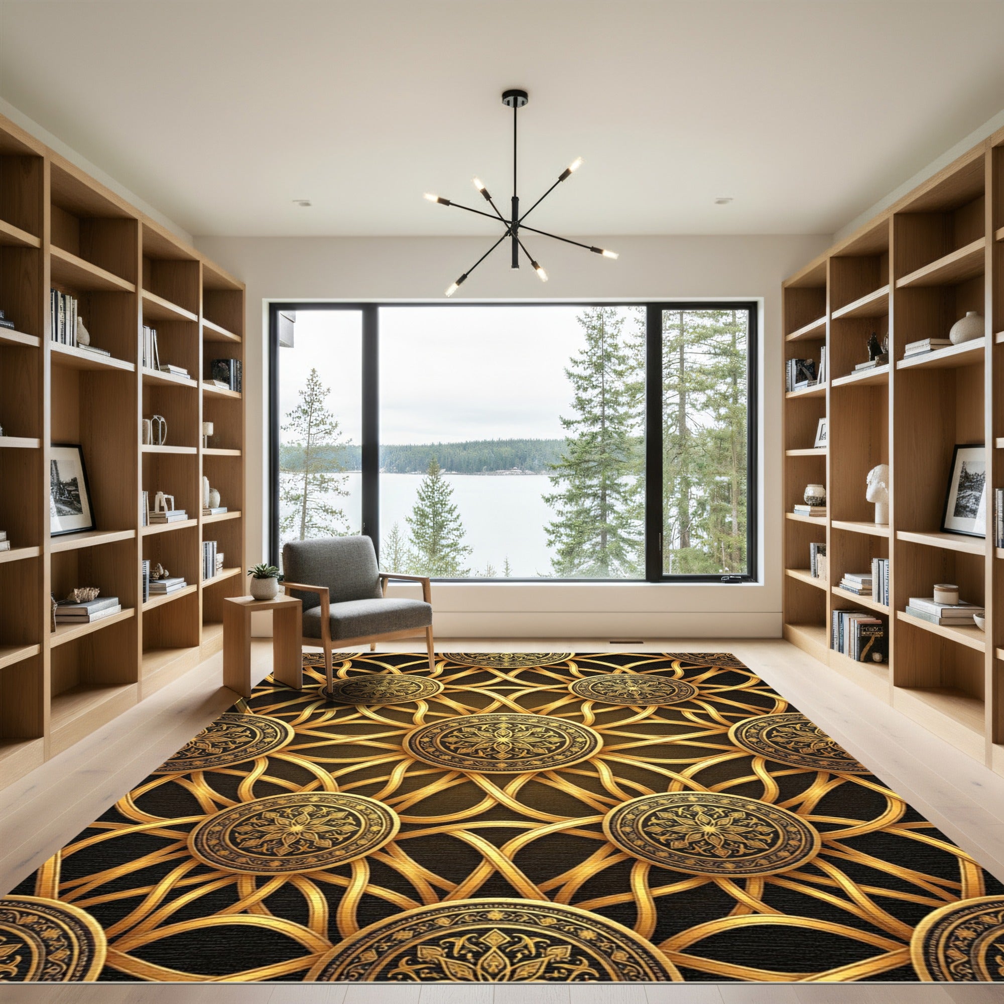 Gilded Circular Medallion Interwoven Gold Wallpaper Rug