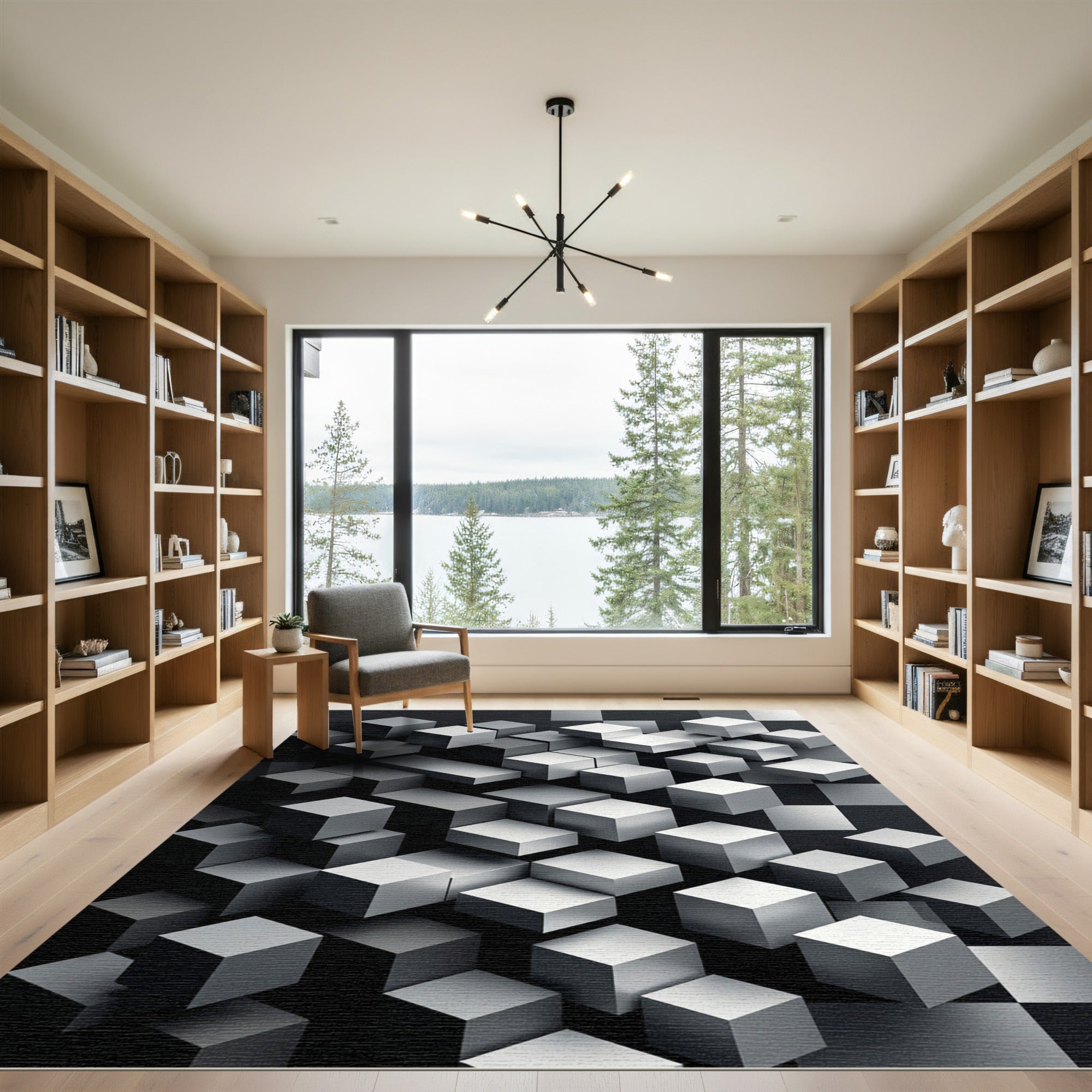 Monochromatic Isometric Gray Block Grid Rug