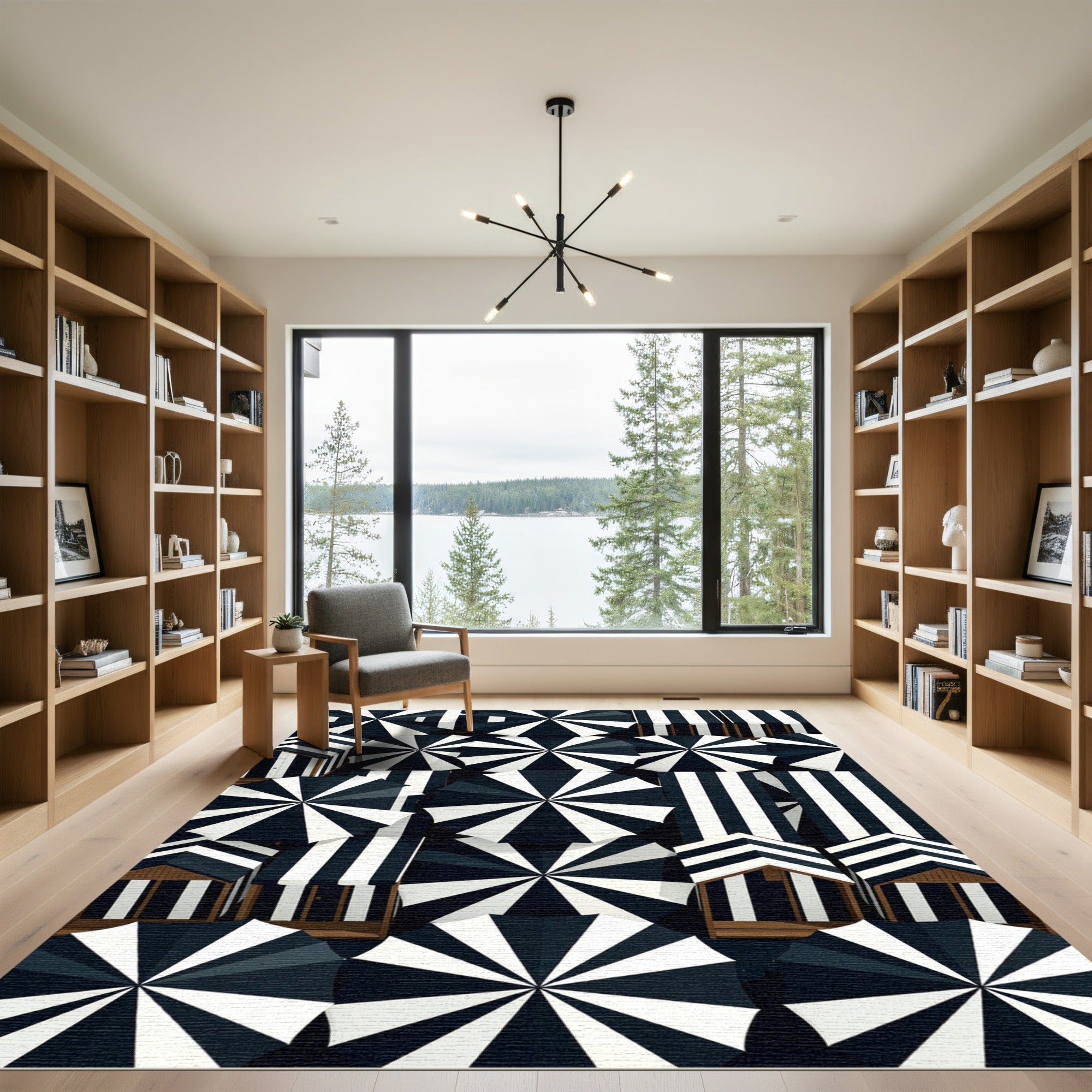 Black and White Striped Radial Rug