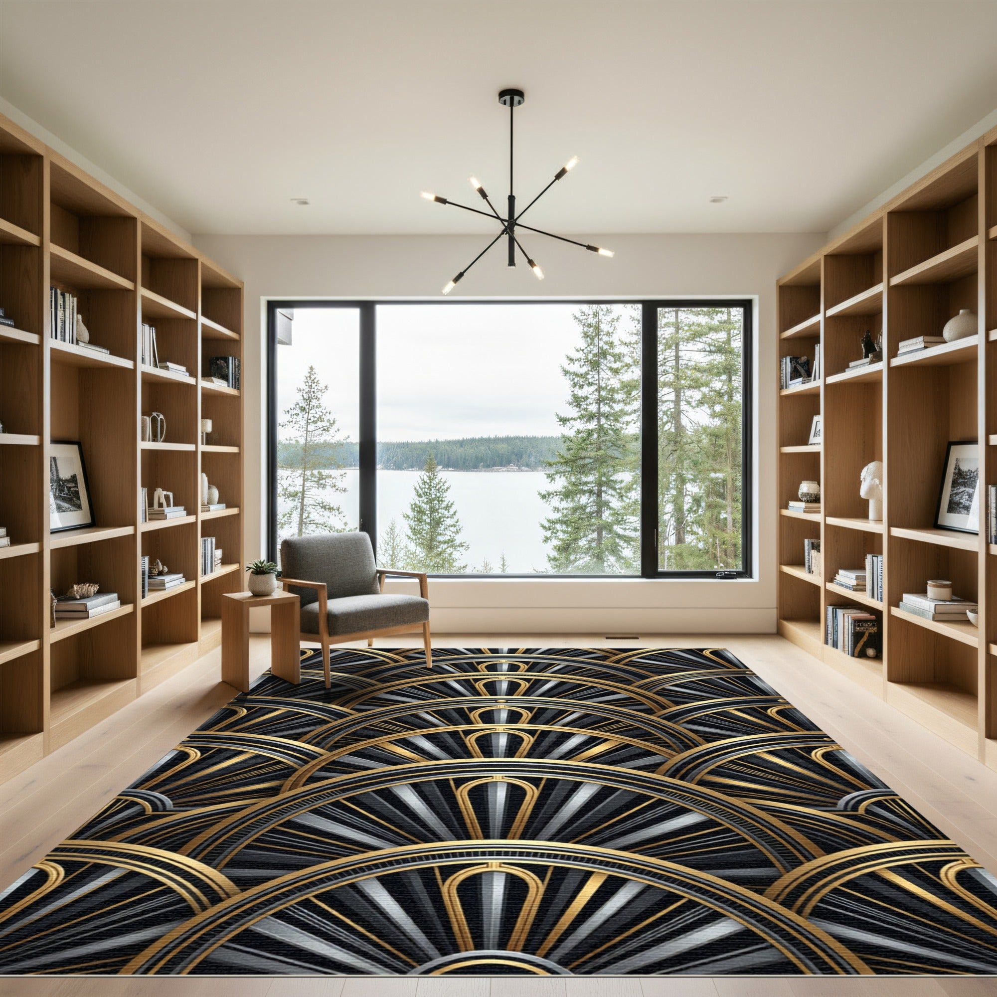 Art Deco Golden Black Sunburst Rug