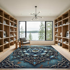 Ornate Blue Peony Filigree Round Medallion Rug