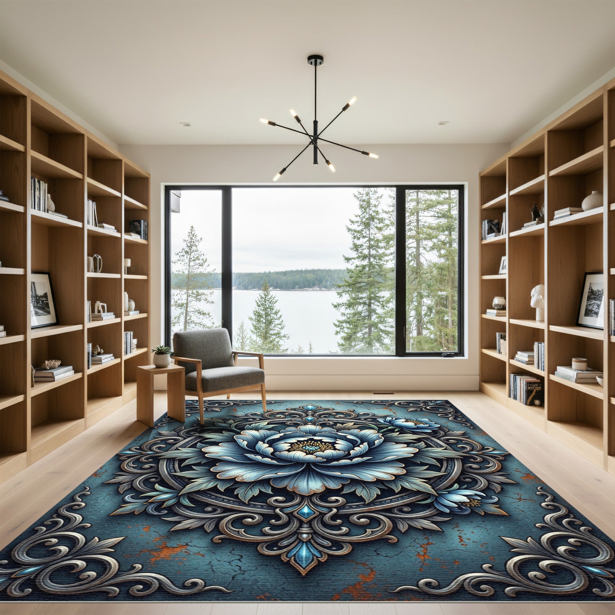 Ornate Blue Peony Filigree Round Medallion Rug