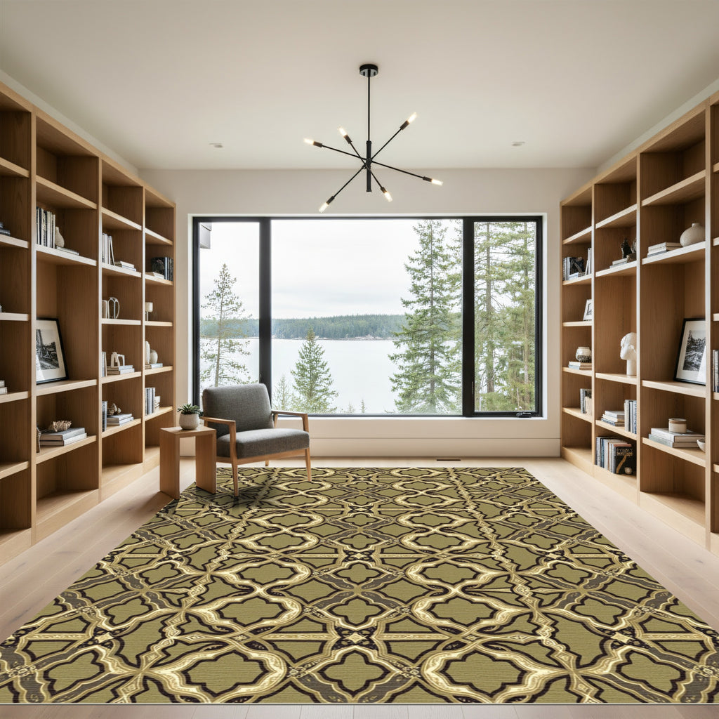 Olive Green Ornate Quatrefoil Damask Rug