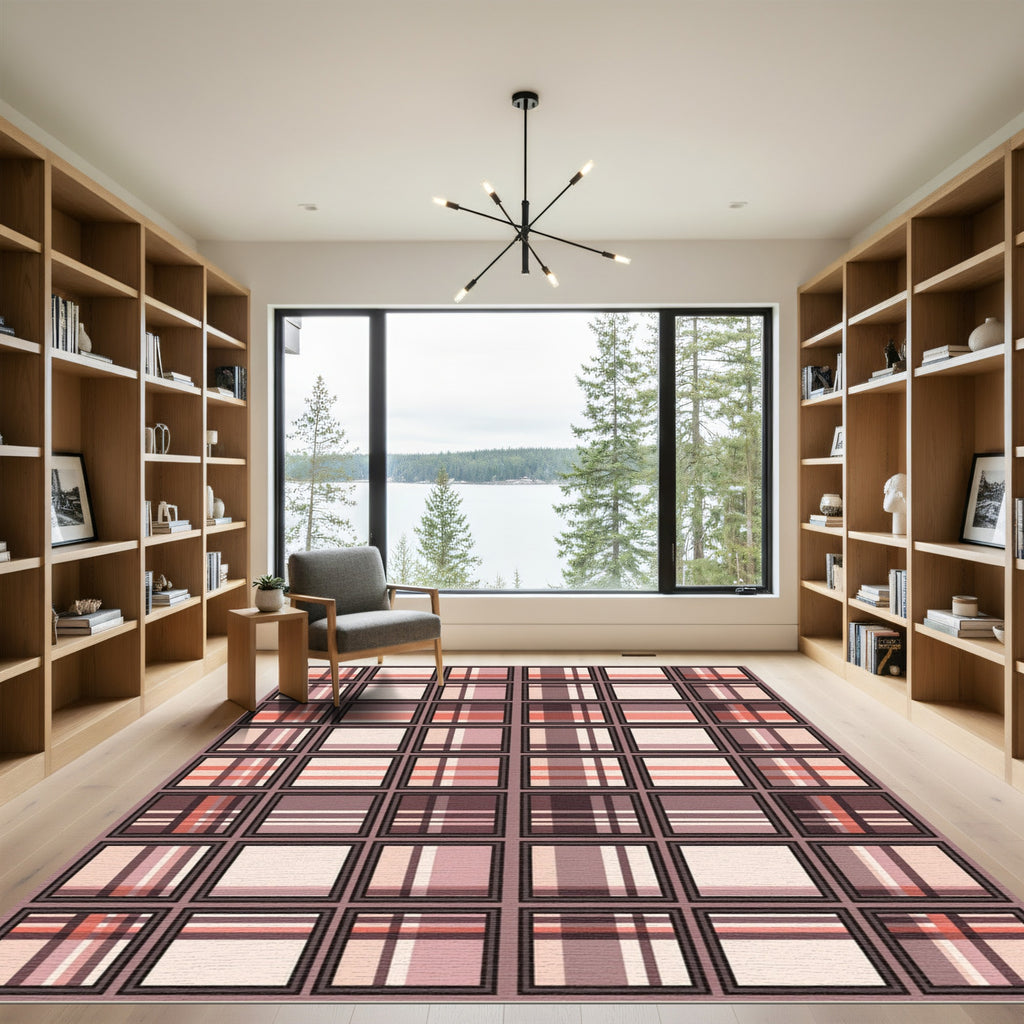 Muted Pink and Gray Plaid Grid Rug
