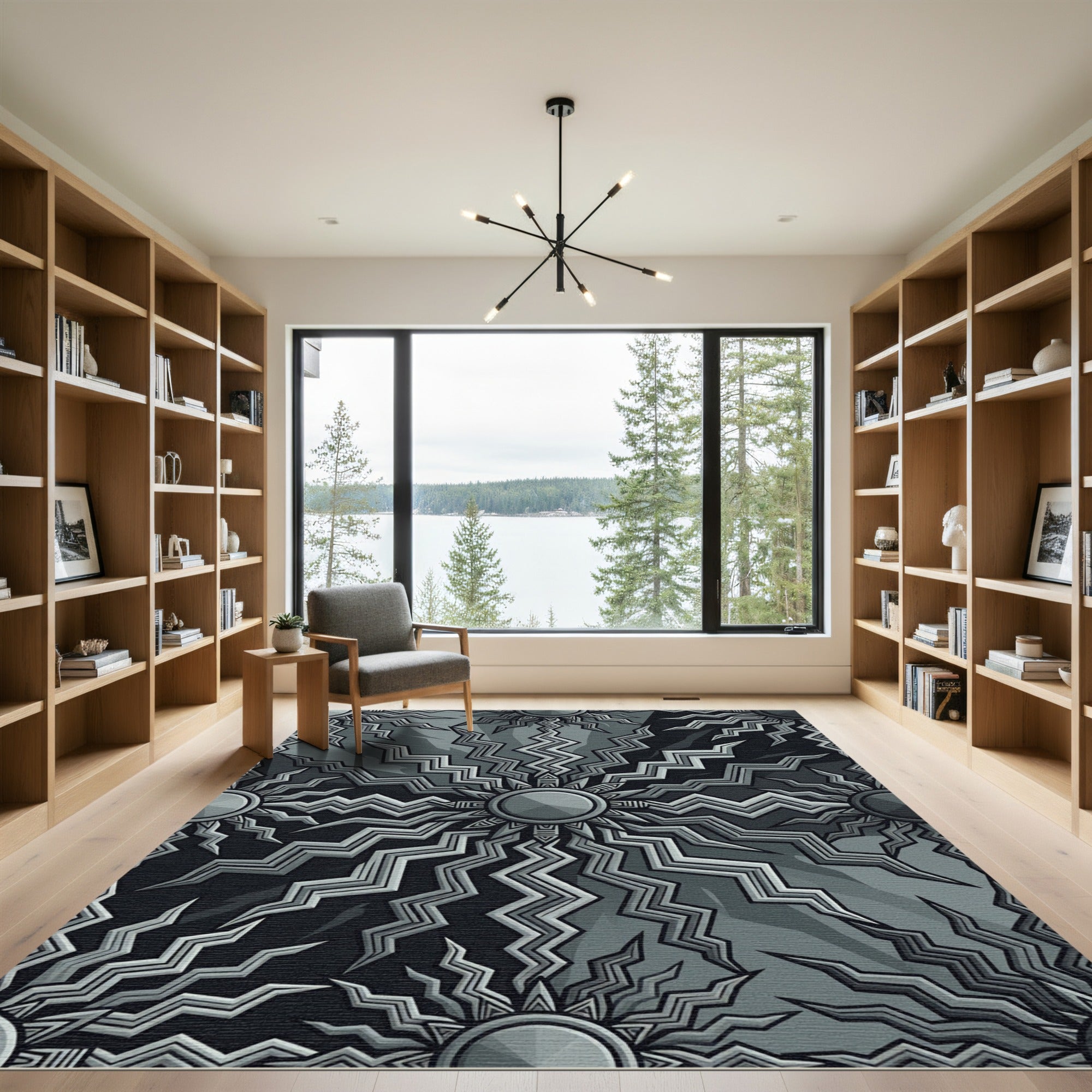Monochromatic Sunburst Geometric Arrangement Rug