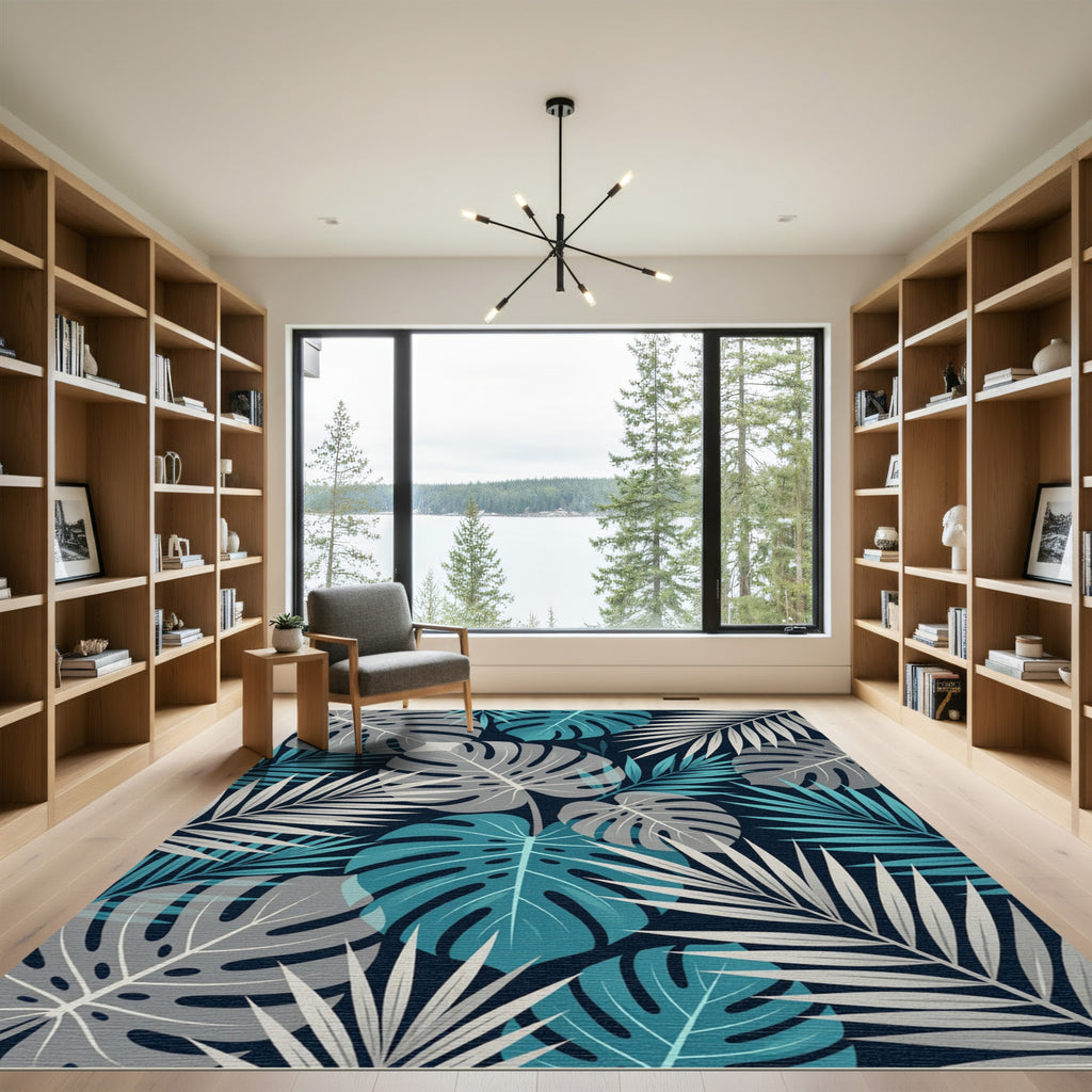 Tropical Teal and Gray Monstera Leaf Rug