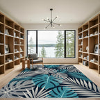 Tropical Teal and Gray Monstera Leaf Rug