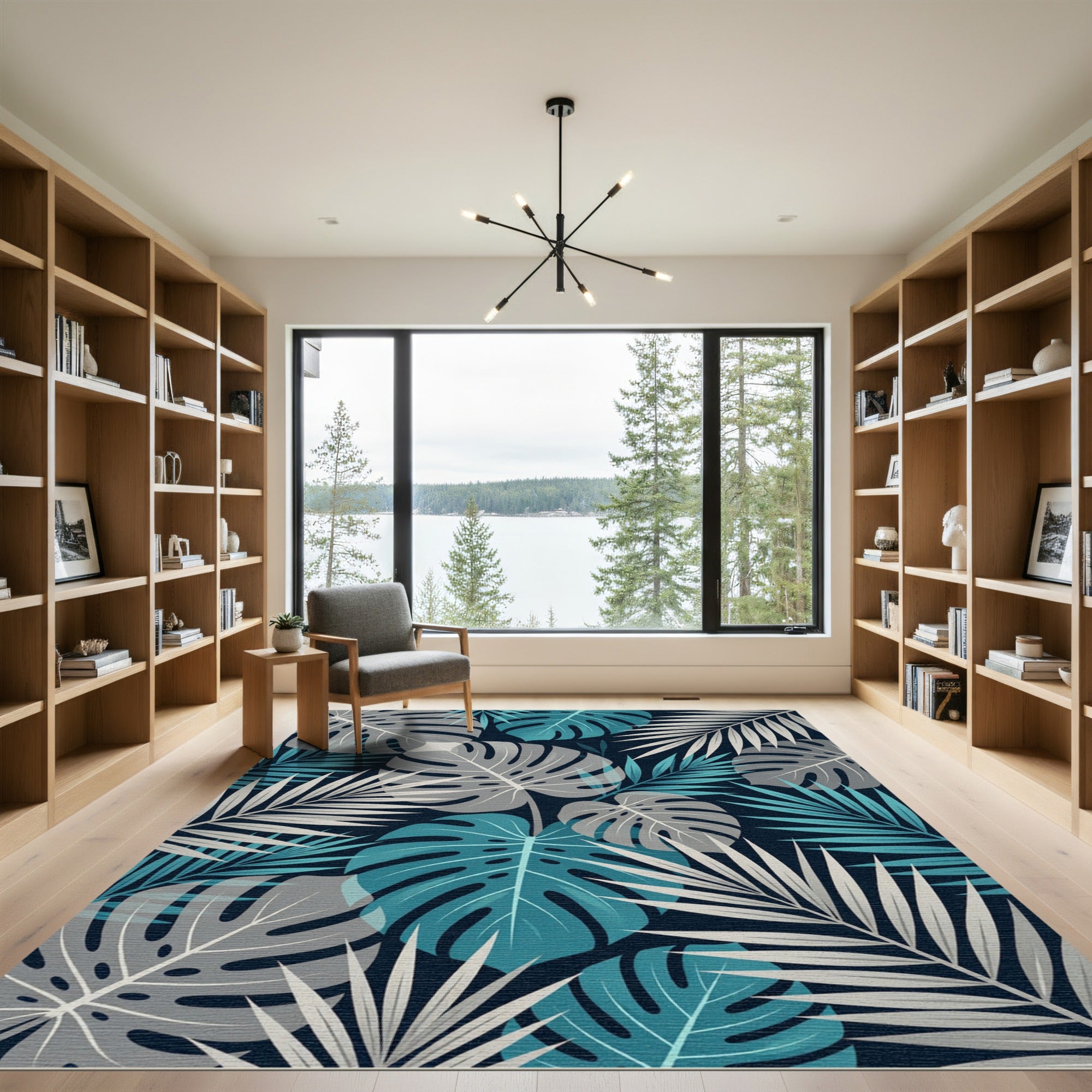 Tropical Teal and Gray Monstera Leaf Rug