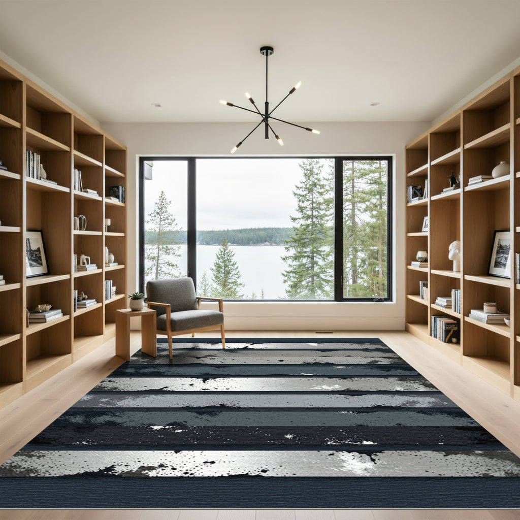 Grayscale Splatter Textured Horizontal Bands Rug