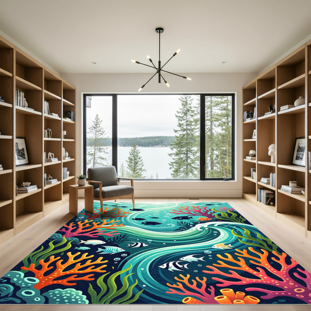 Vibrant Coral Reef Fish Swirl Aquascape Rug