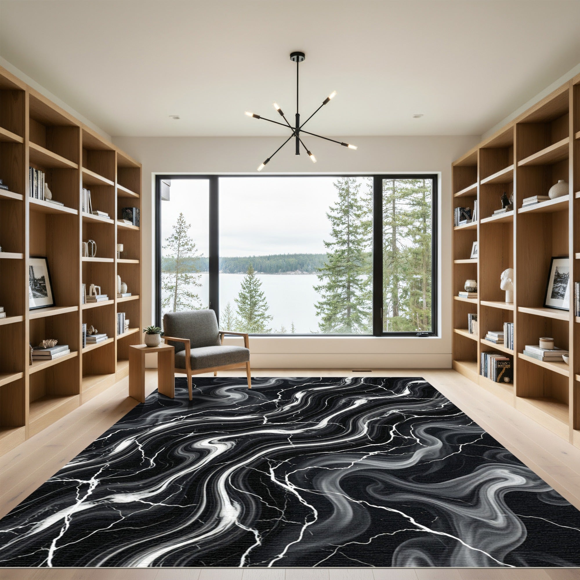 Dramatic Black White Swirl Vein Rug