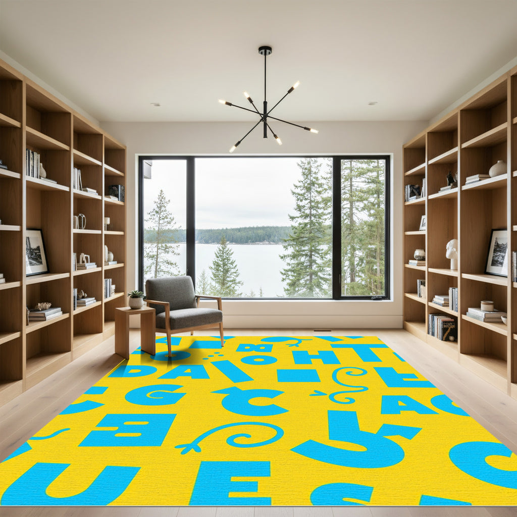 Bright Yellow Blue Alphabet Collage Rug