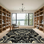 Elegant Black Floral Scroll Damask Rug