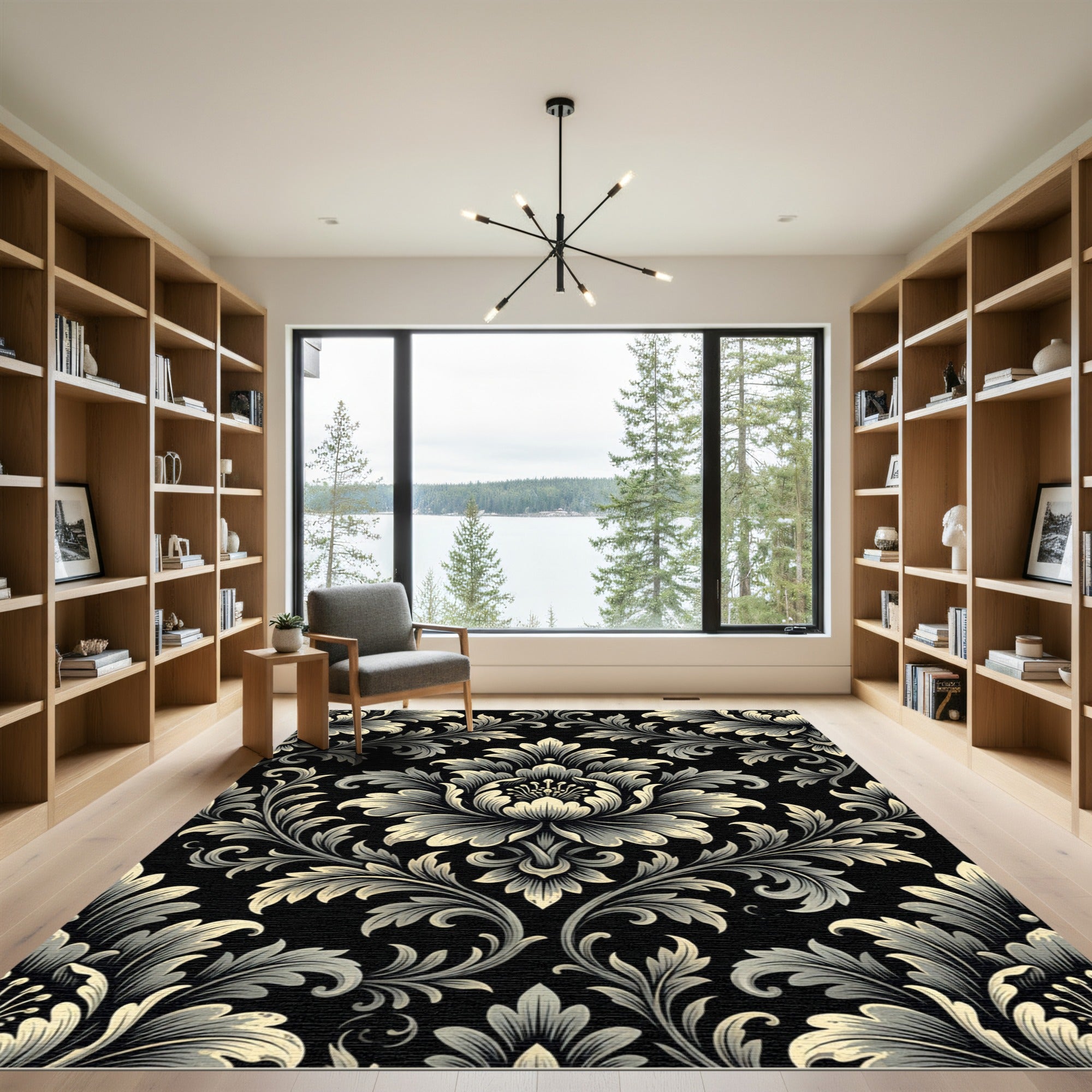 Elegant Black Floral Scroll Damask Rug