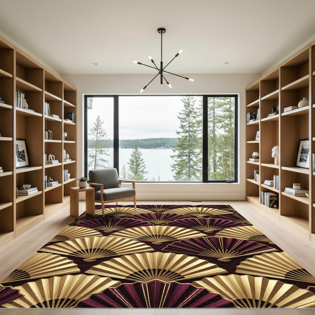 Gold and Burgundy Art Deco Fans Rug