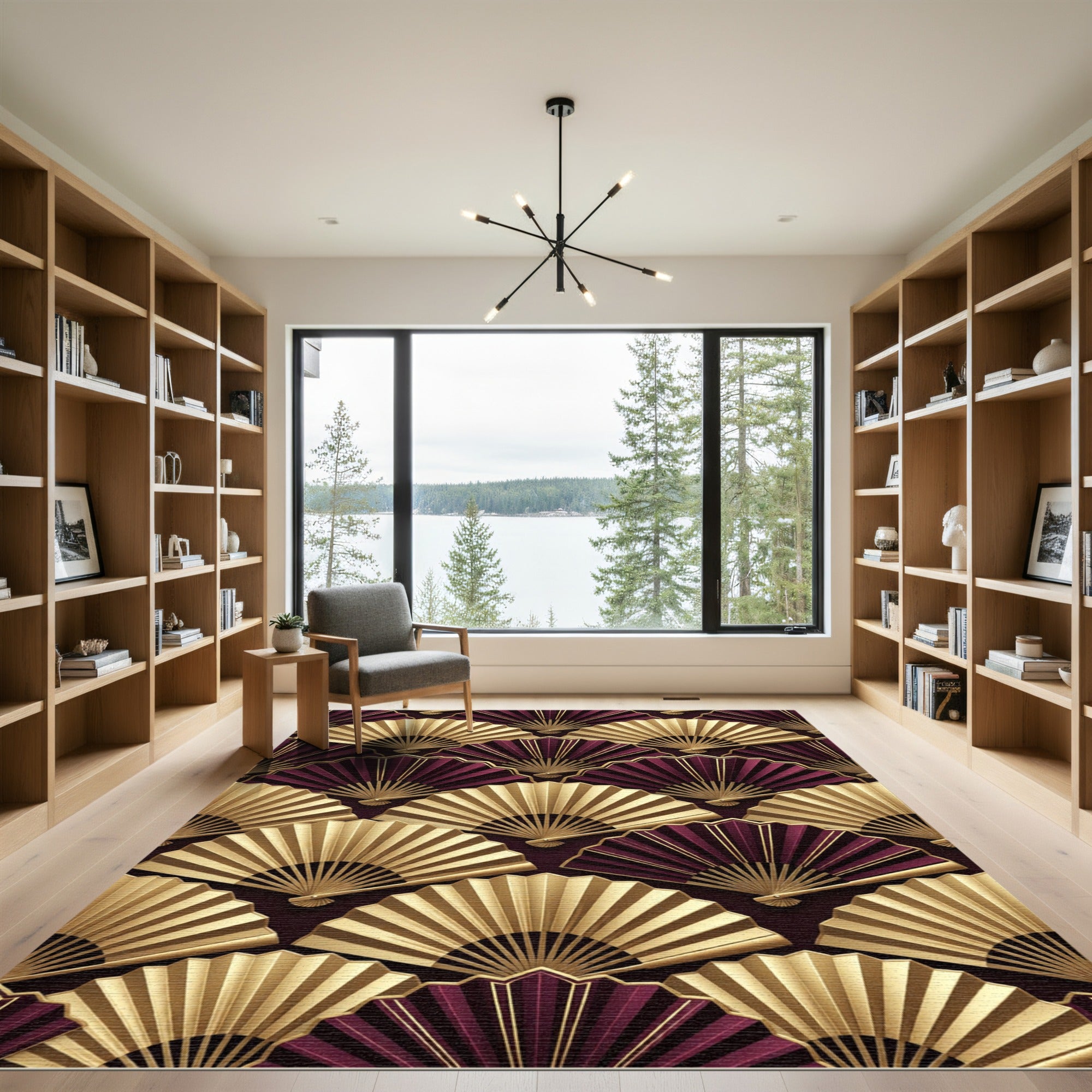 Gold and Burgundy Art Deco Fans Rug