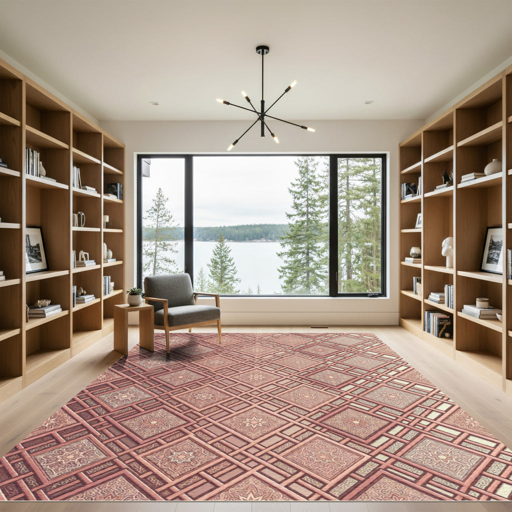 Elegant Dusty Rose Geometric Lattice Rug