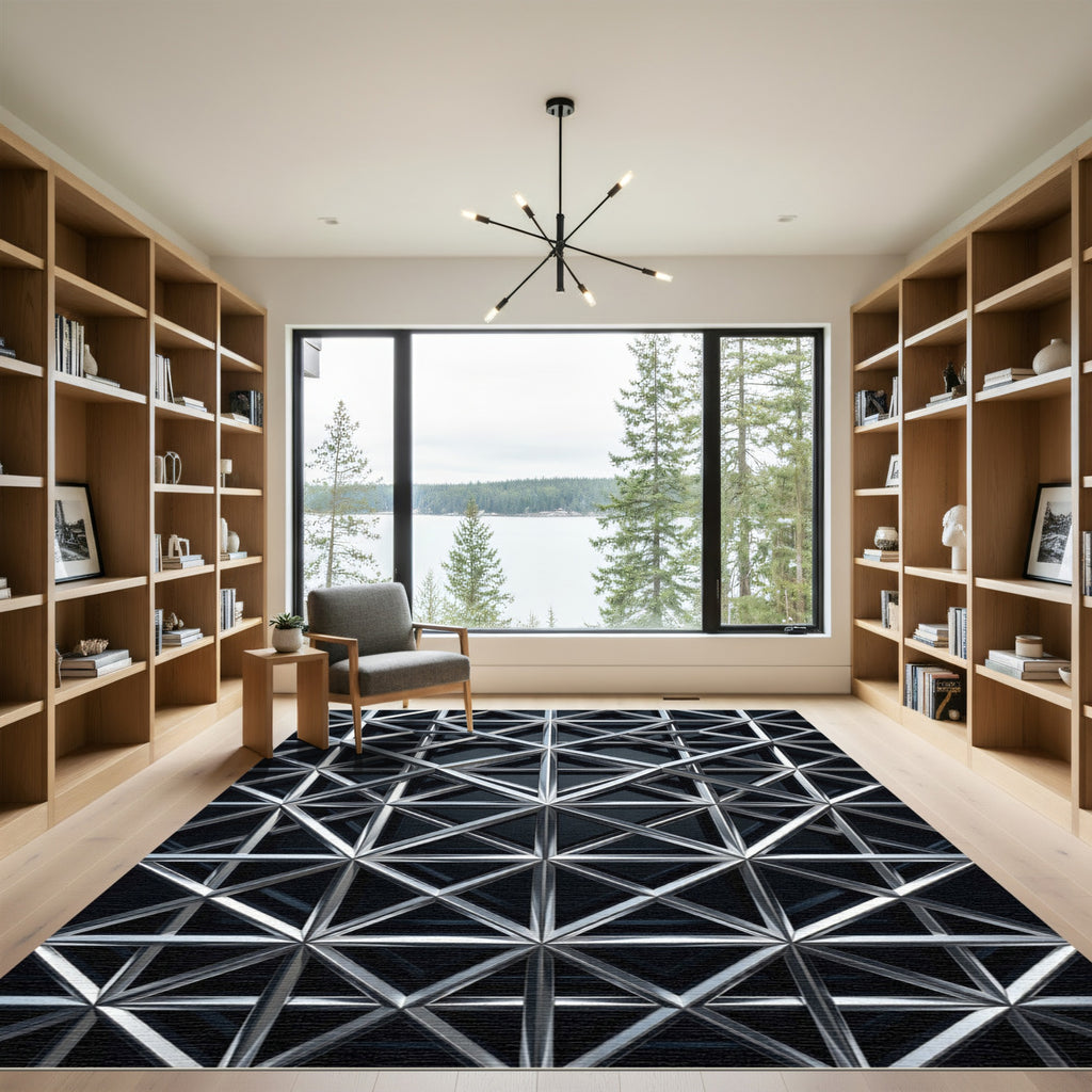 Silver Geometric Linear Lattice Grid Rug