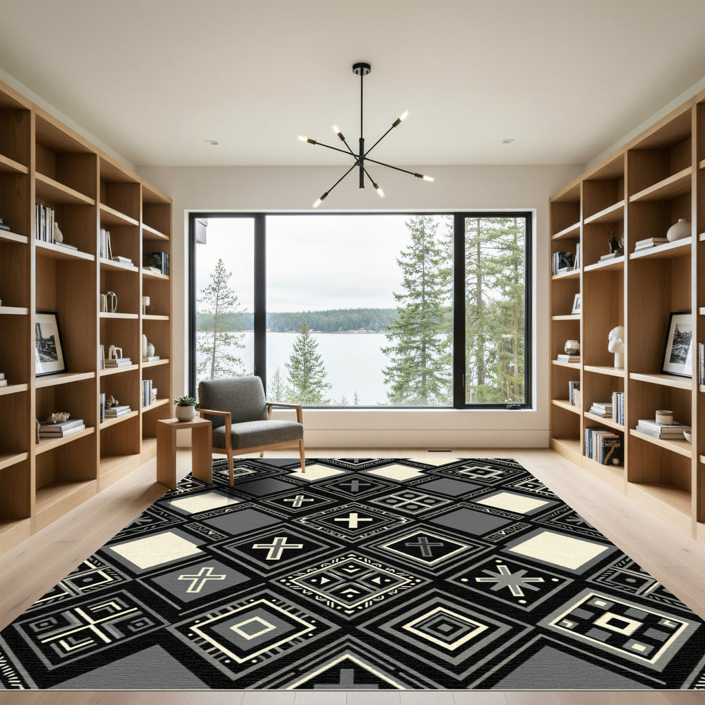 Monochromatic Cross Geometric Square Collage Rug