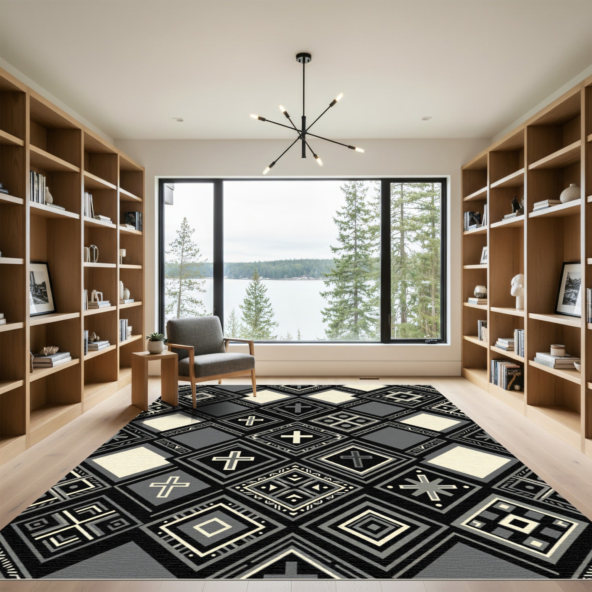 Monochromatic Cross Geometric Square Collage Rug