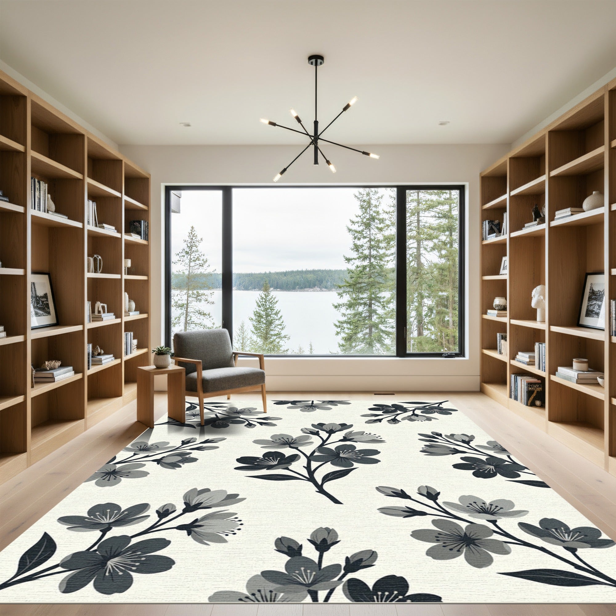 Elegant Monochrome Cherry Blossom Botanical Rug