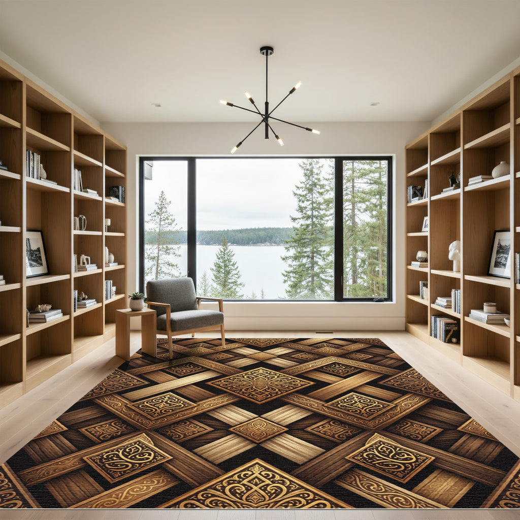 Ornate Gold Interlocking Geometric Pattern Rug