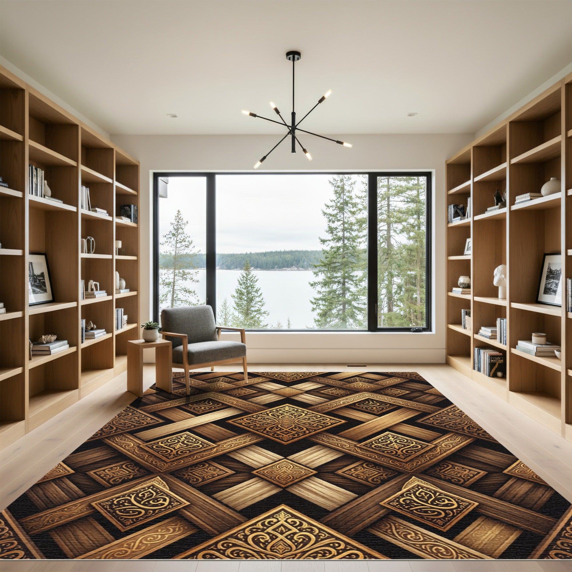 Ornate Gold Interlocking Geometric Pattern Rug