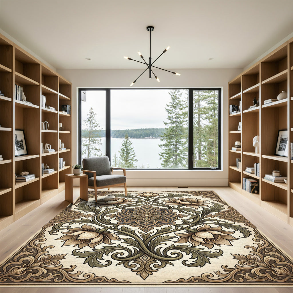 Ornate Beige Floral Scrollwork Rug