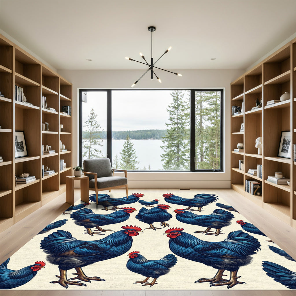 Vibrant Blue Rooster Flock Illustration Rug