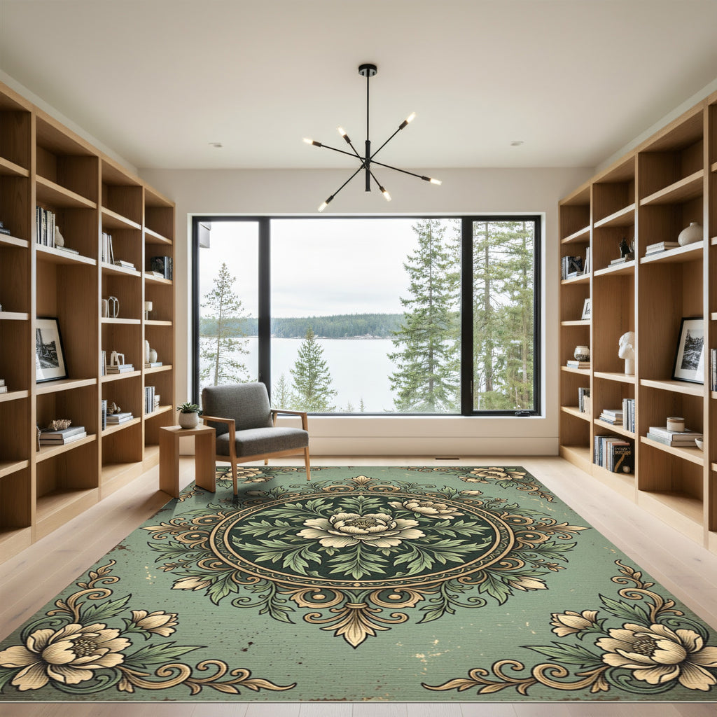 Sage Green Floral Circular Medallion Rug