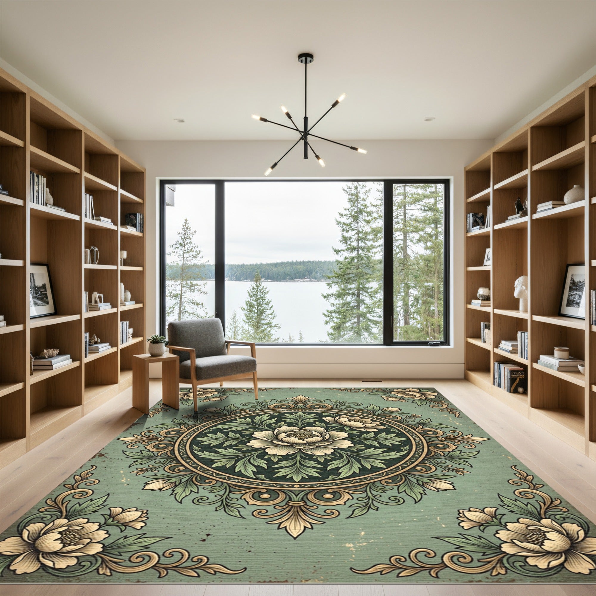 Sage Green Floral Circular Medallion Rug