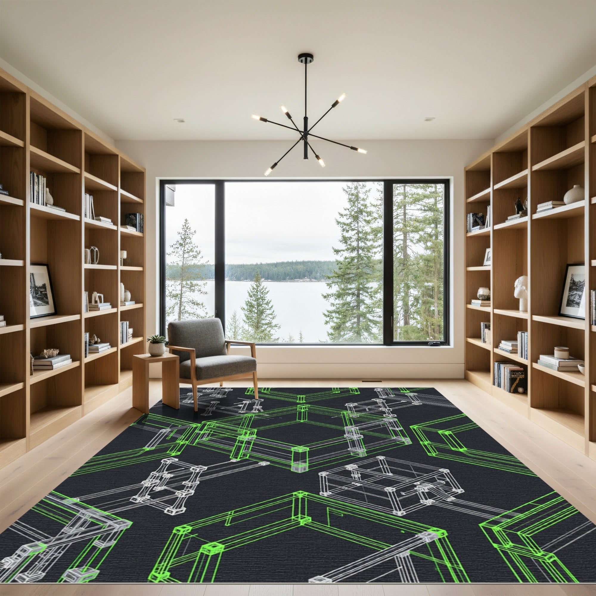 Neon Geometric Isometric Grid Framework Rug
