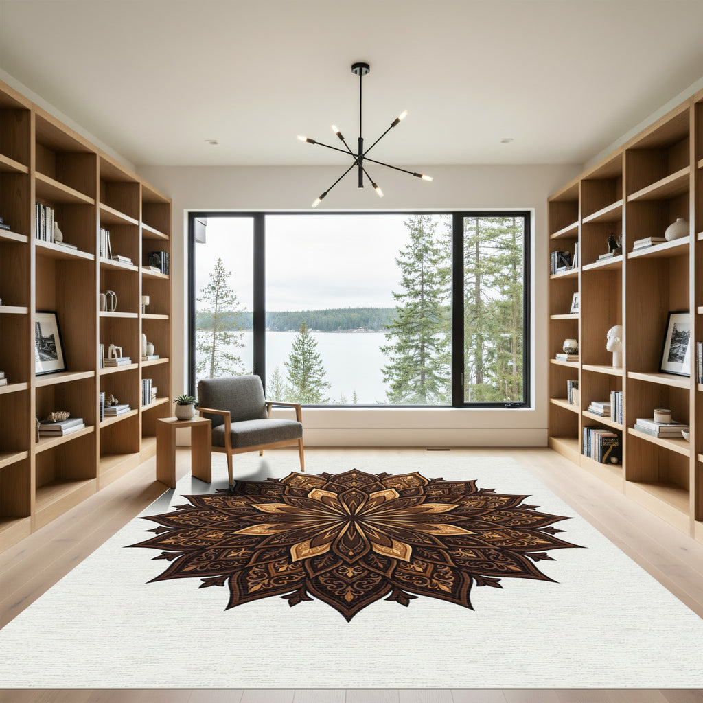 Elegant Chocolate Gold Floral Mandala Rug