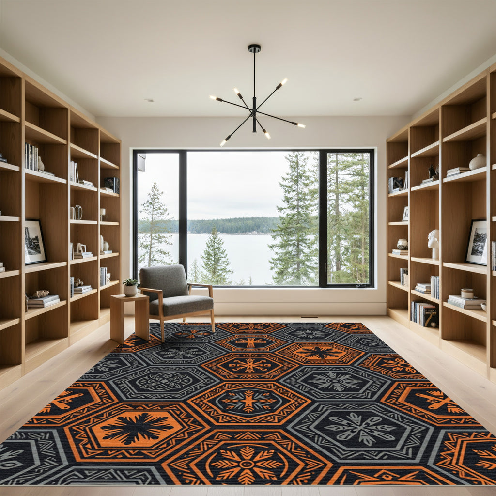 Retro Hexagonal Orange Gray Symbols Rug