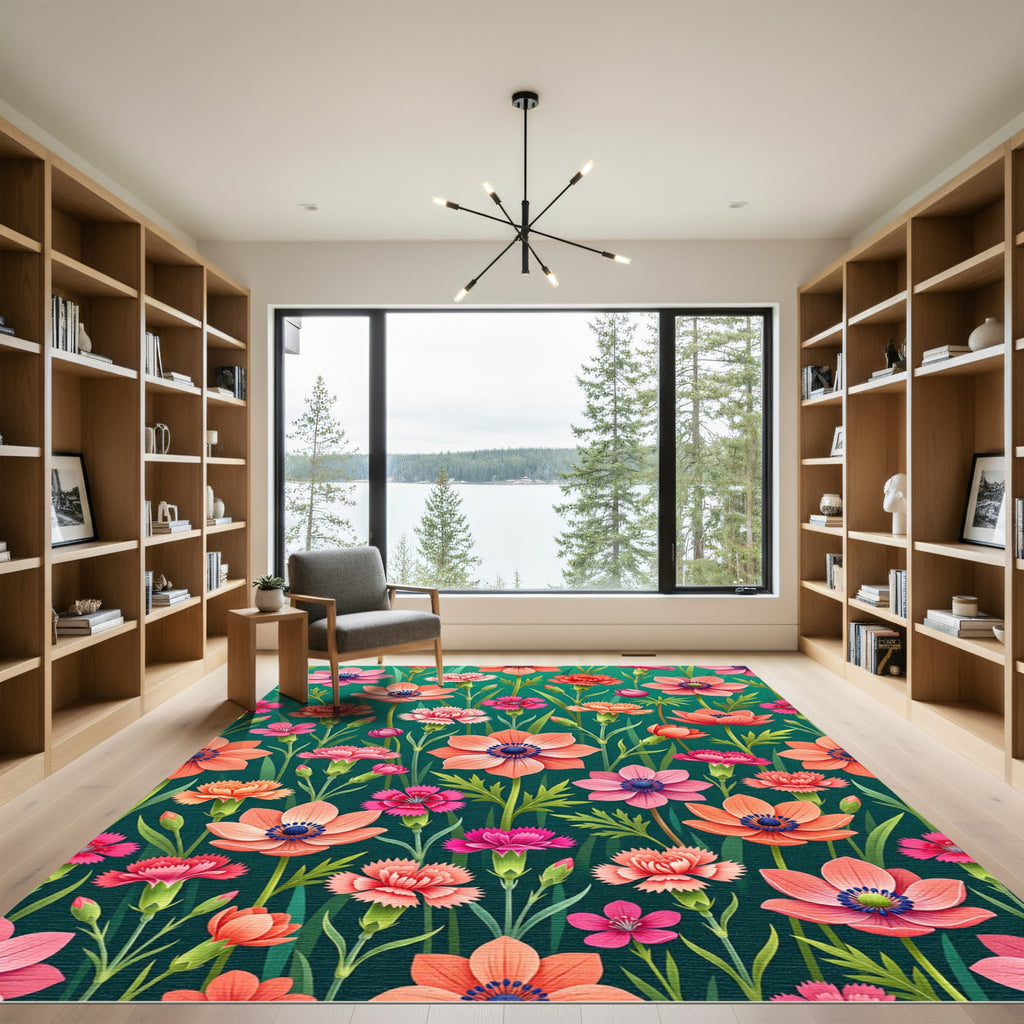 Vibrant Coral Anemone Garden Teal Meadow Rug