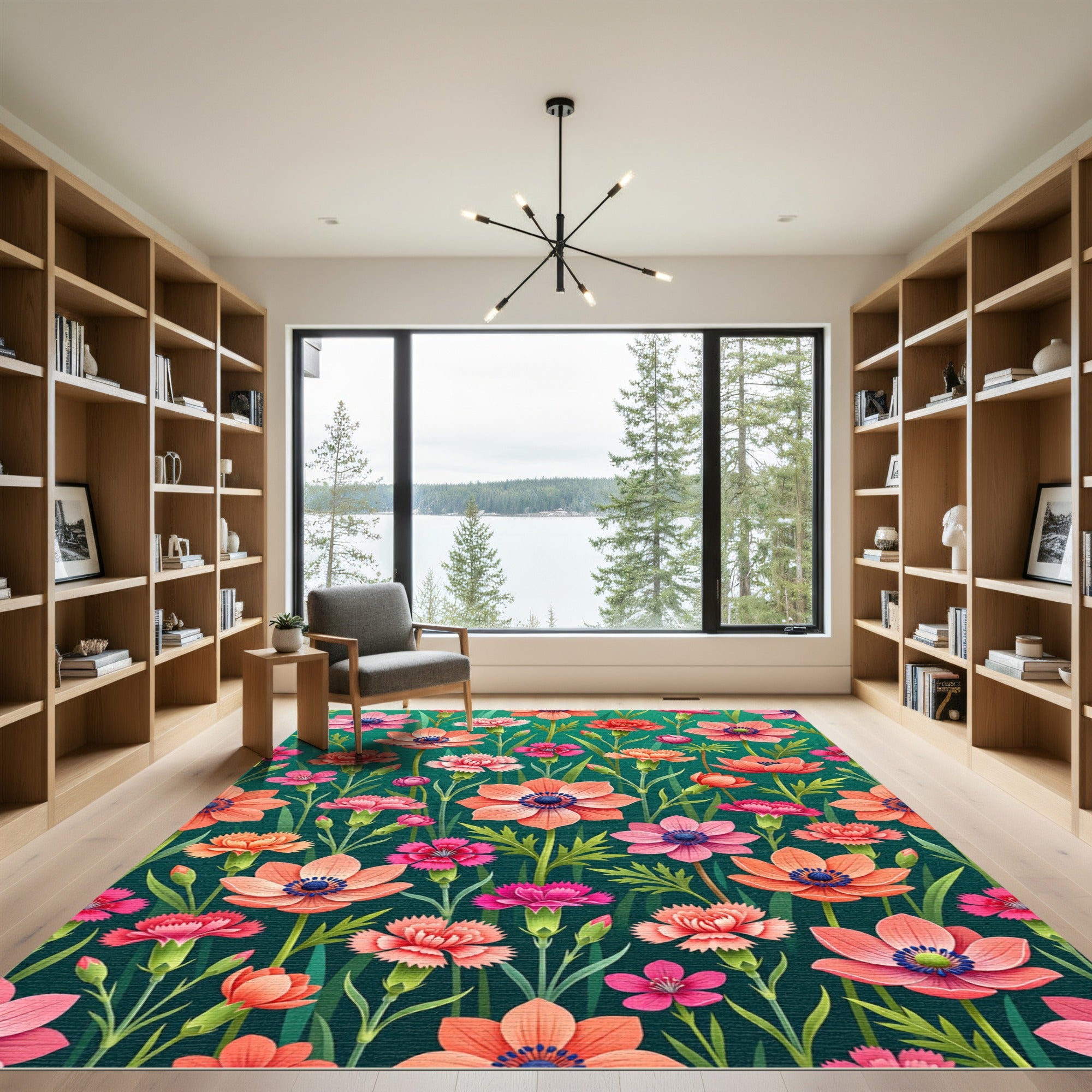Vibrant Coral Anemone Garden Teal Meadow Rug
