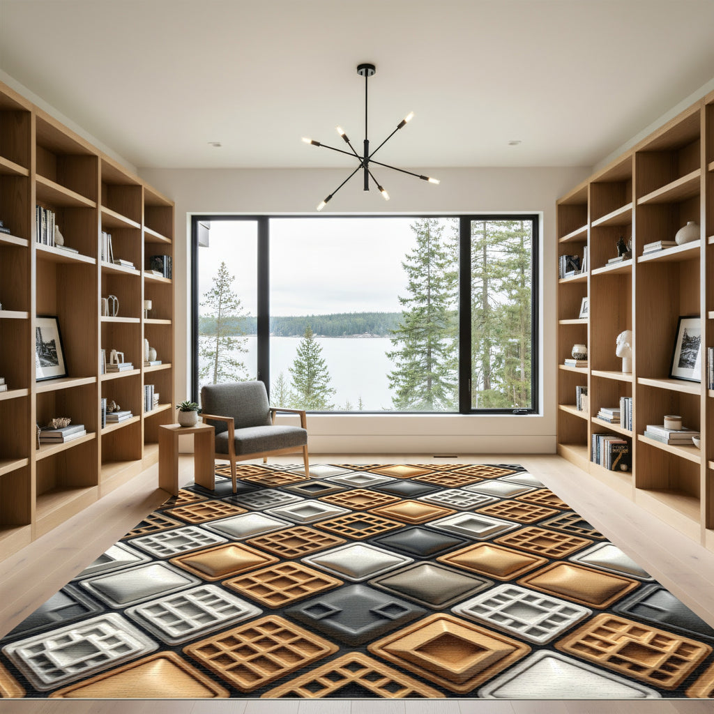Modern Geometric Waffle Textured Neutral Rug