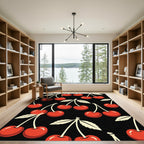 Retro Cherry Orchard Black Background Rug