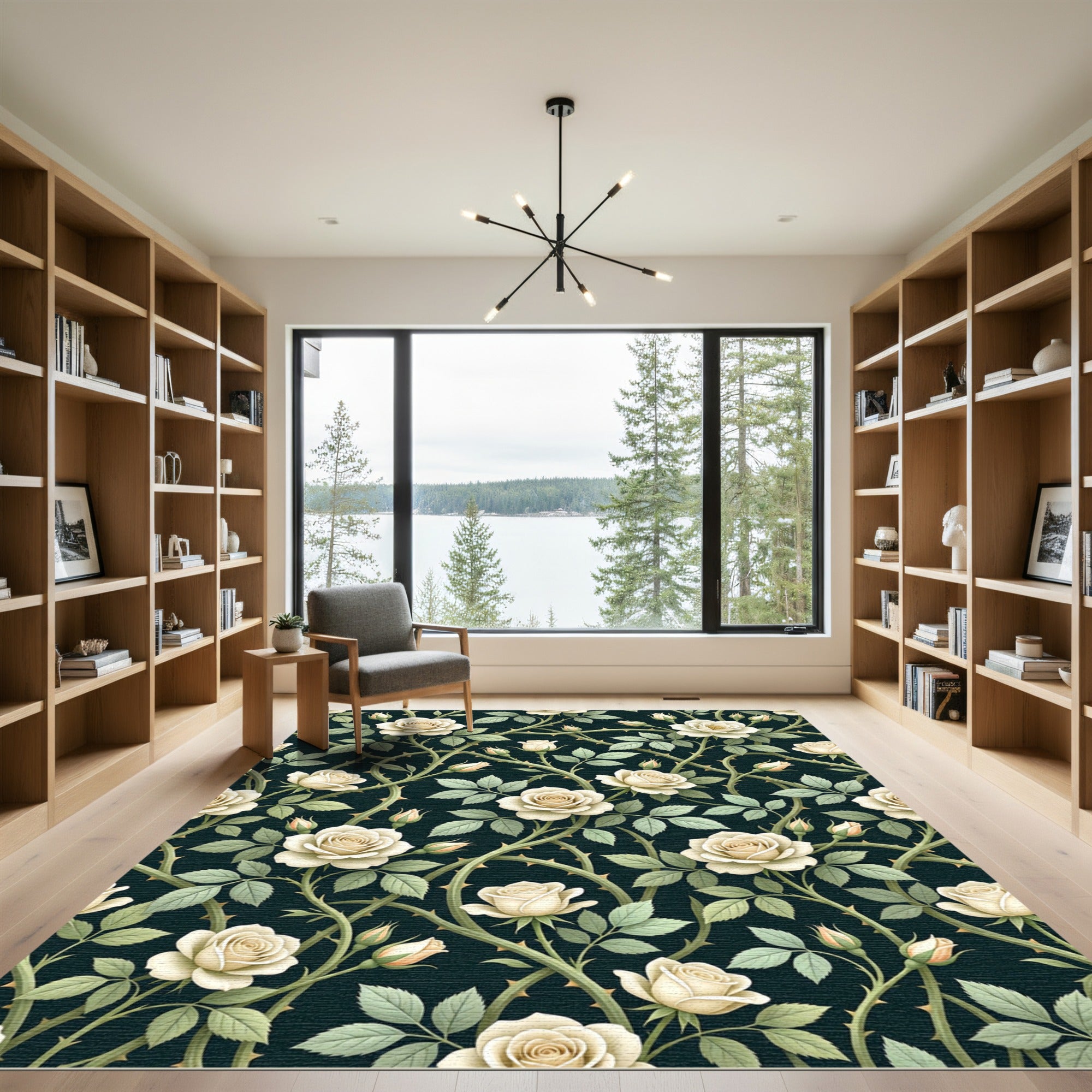 Elegant Cream Rose Vine Floral Rug