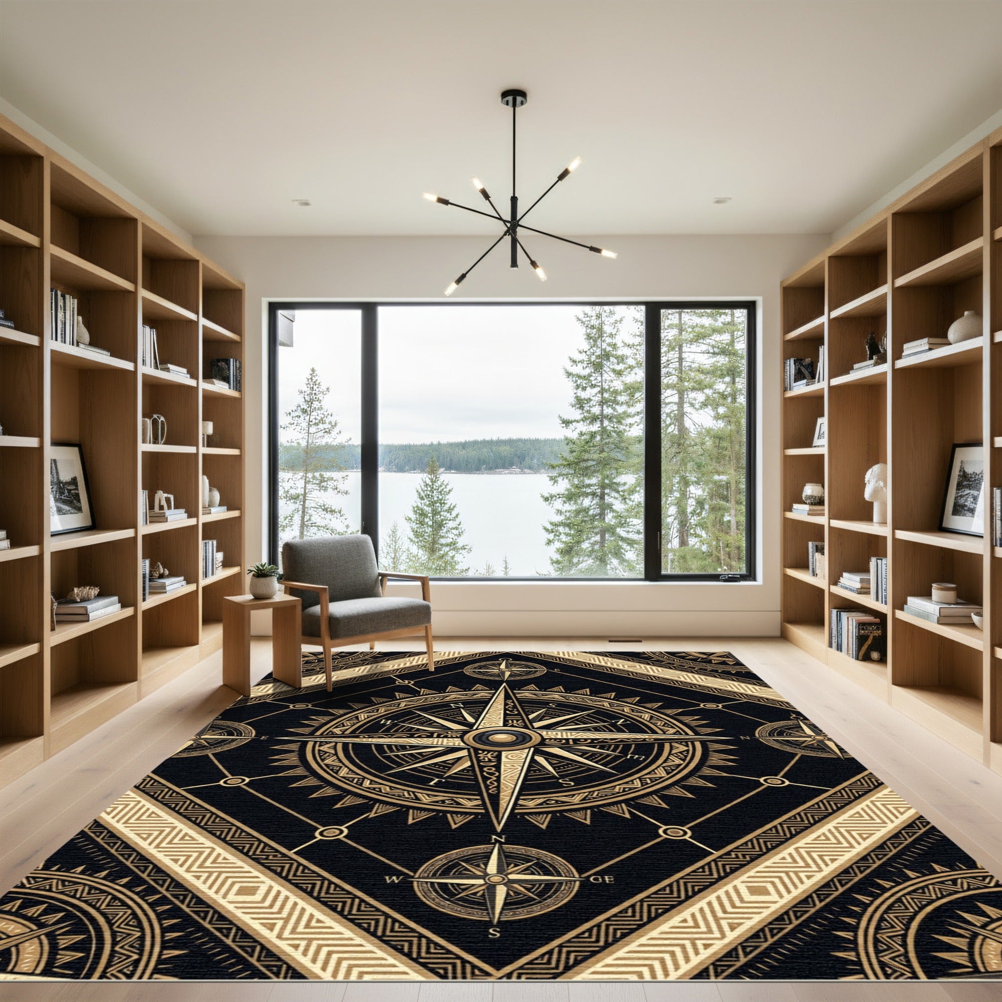 Golden Compass Celestial Black Navigational Art Rug