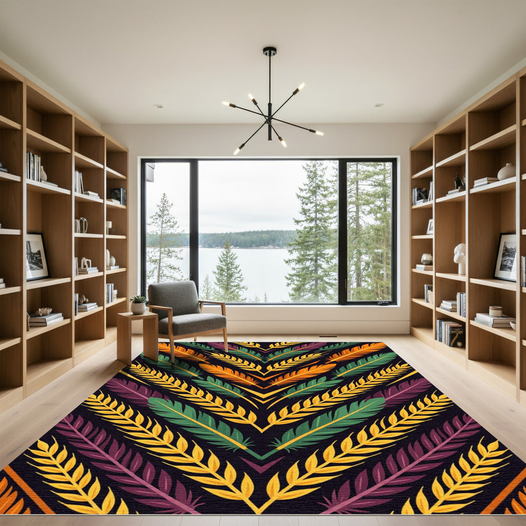 Vibrant Feathered Plume Geometric Chevron Rug