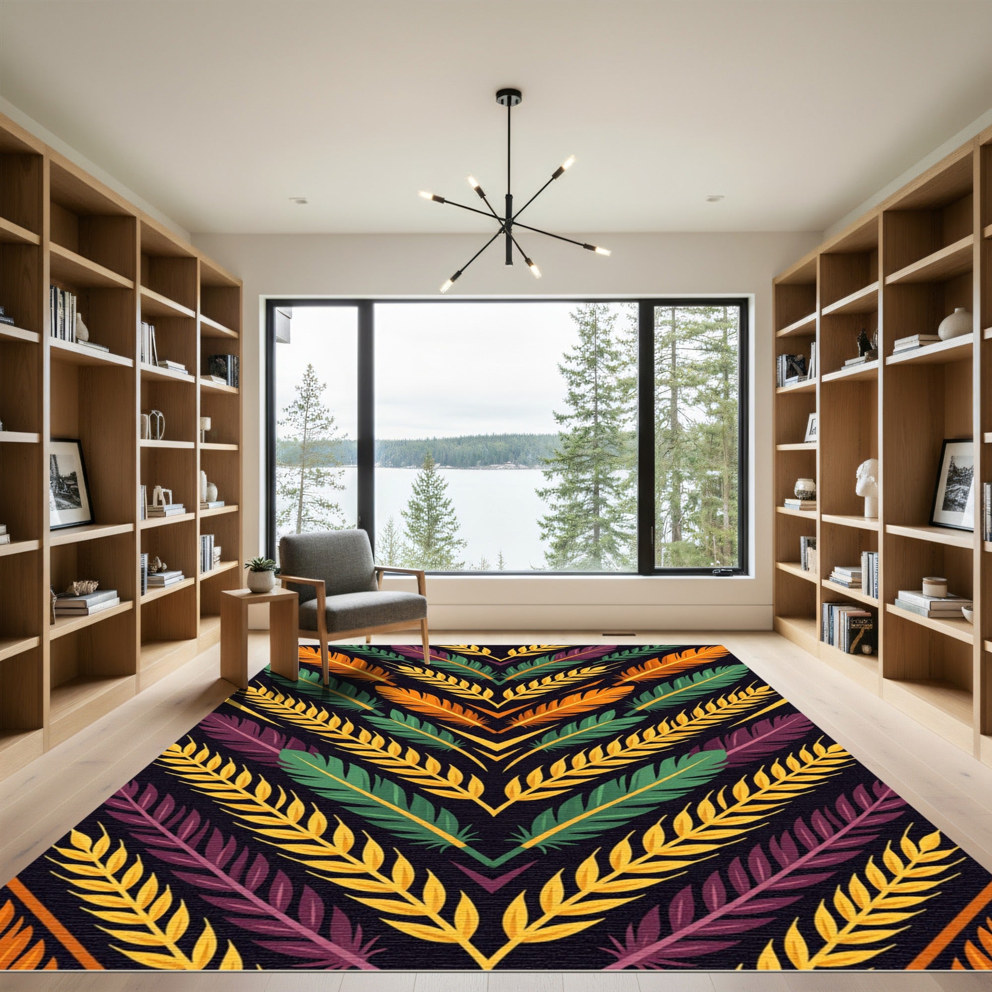 Vibrant Feathered Plume Geometric Chevron Rug