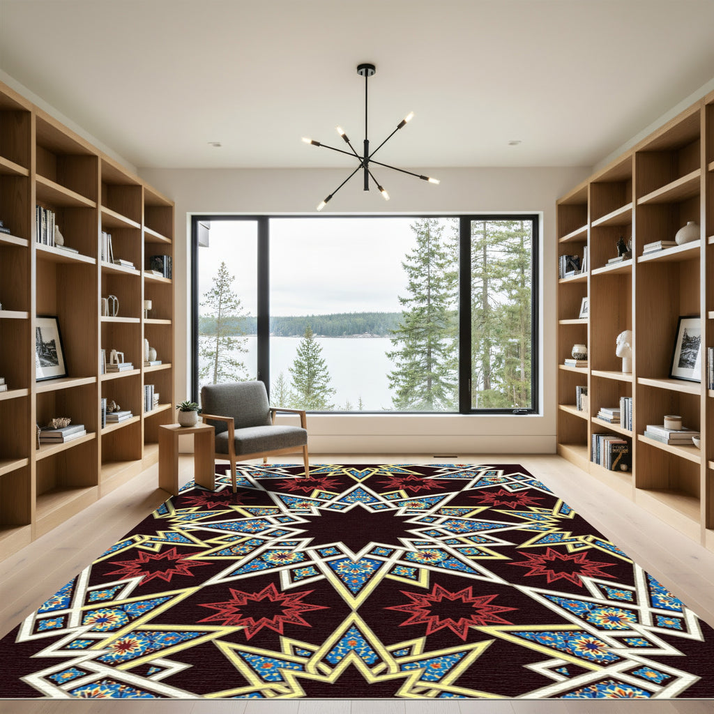Intricate Red Blue Starburst Geometric Rug