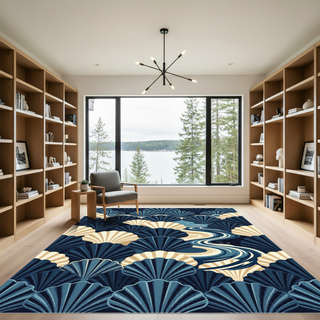 Art Deco Navy Cream Scallop Shell Rug