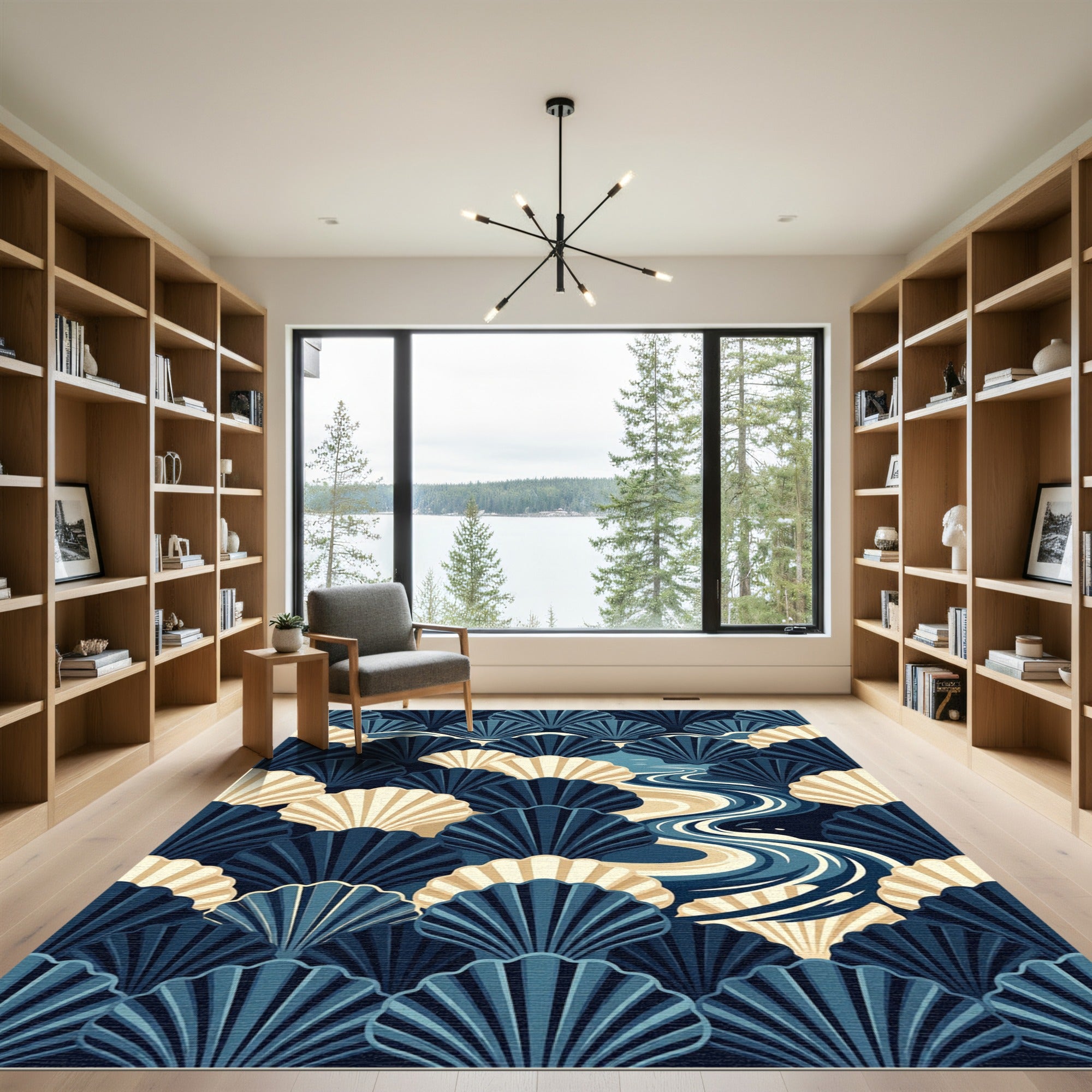 Art Deco Navy Cream Scallop Shell Rug