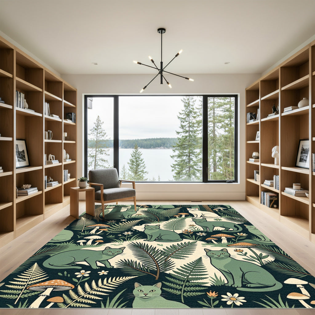 Enchanted Forest Cats Mushroom Meadow Scene Rug