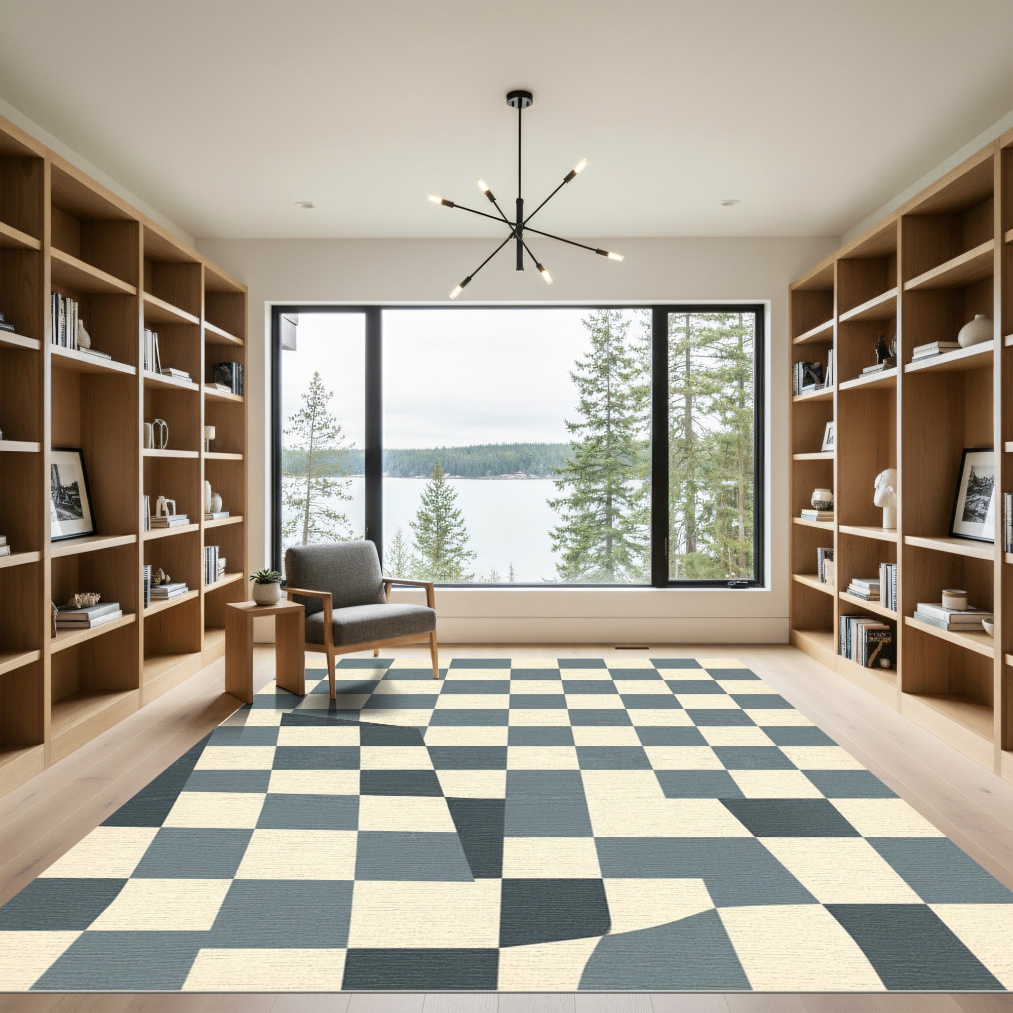 Distorted Blue Checkerboard Square Abstract Rug