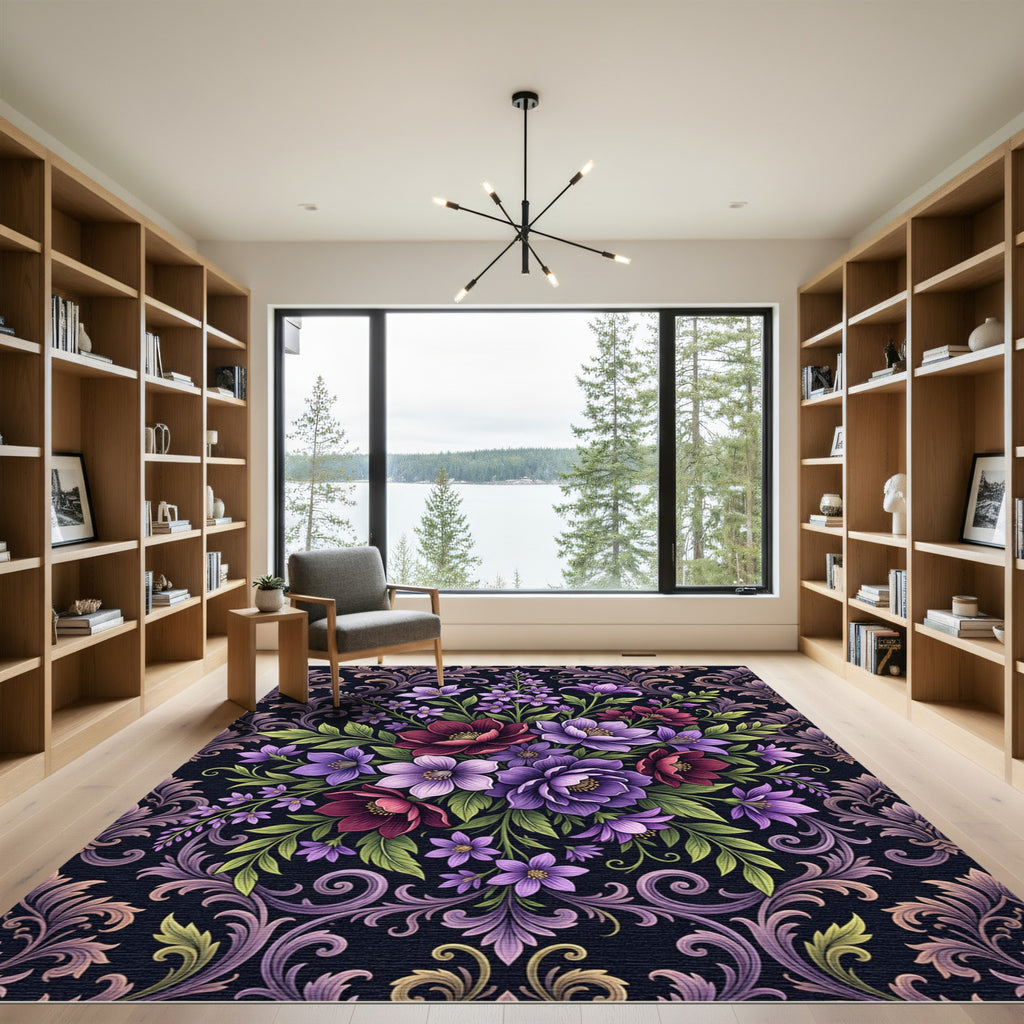 Elegant Purple Botanical Damask Floral Rug