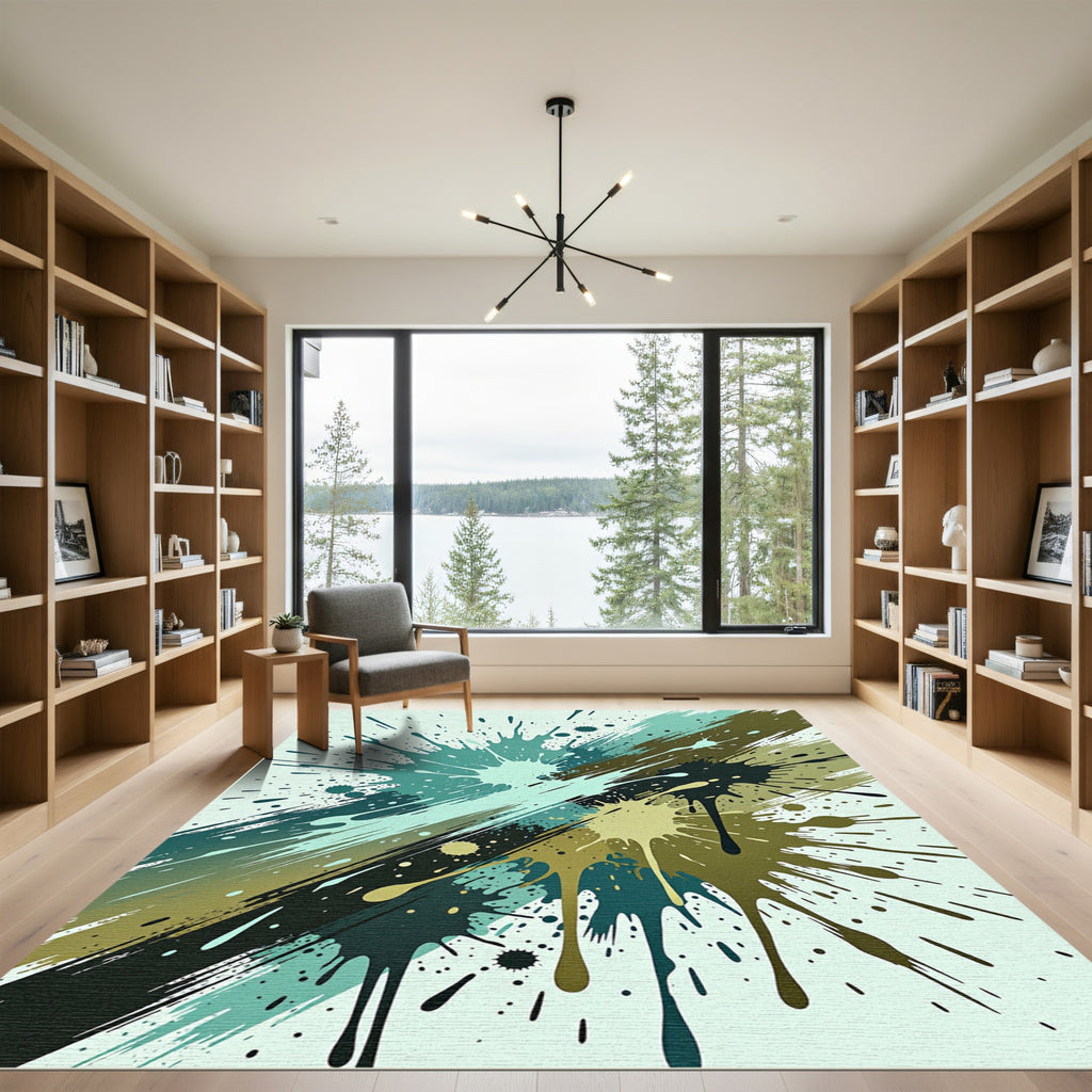 Abstract Teal Olive Splash Splatter Rug